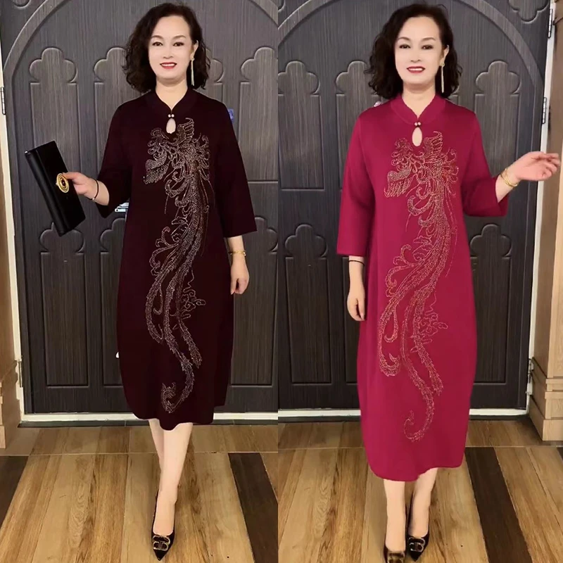 高端妈妈礼服喜婆婆V领气质提花针织连衣裙烫钻红色宽松打底长裙