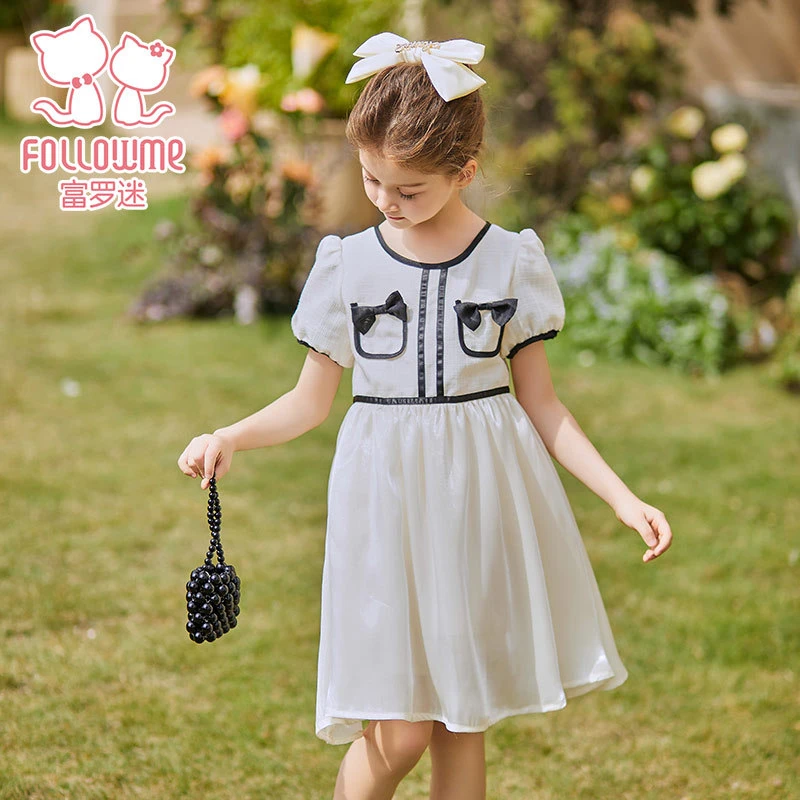富罗迷小香风连衣裙夏季中大儿童女童洋气蝴蝶结公主裙F3B8328L