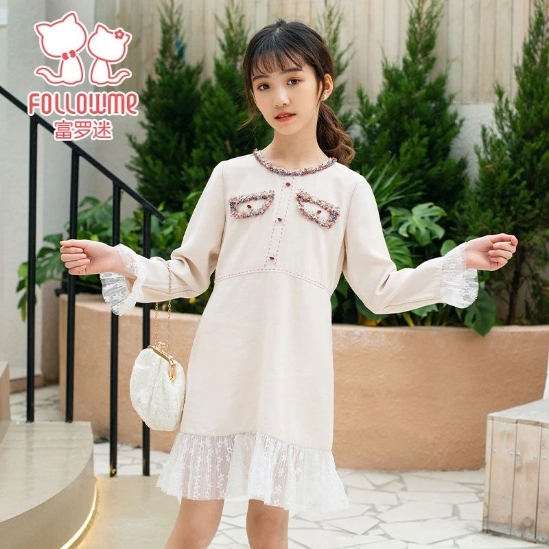 富罗迷女童连衣裙小香风公主裙春秋洋气圆领泡泡袖F2A7047L
