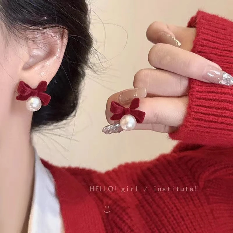 合金耳饰 红色丝绒蝴蝶结耳环女复古珠珠耳钉秋冬高级款气质耳饰