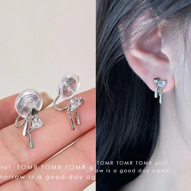锌合金耳饰 双击爱心锆石耳夹无耳洞女耳钉ins小众设计耳环耳饰