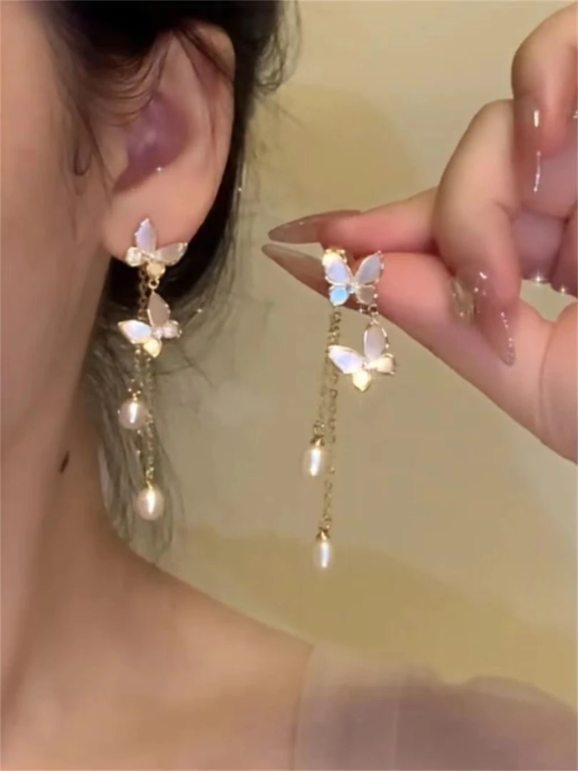 锌合金耳饰 超仙蝴蝶流苏长款耳环女一款两戴耳钉小众高级感耳饰