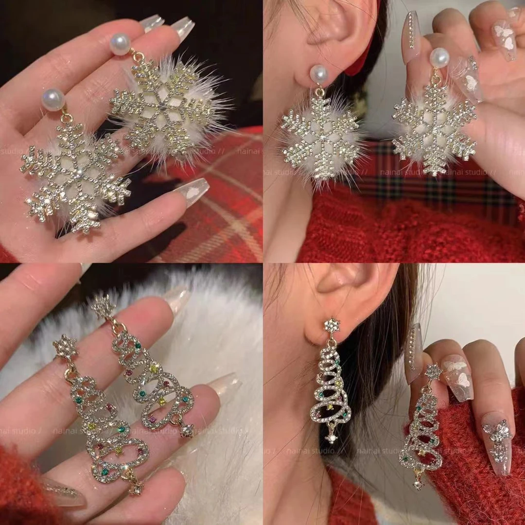 锌合金耳饰 圣诞雪花毛绒耳环耳饰气质耳钉女2023新款秋冬耳坠