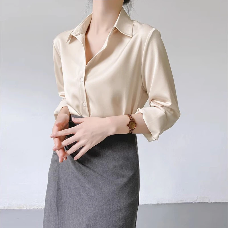 法式高端香槟气质缎面衬衫女高级感职业通勤衬衣正装面试上衣显瘦