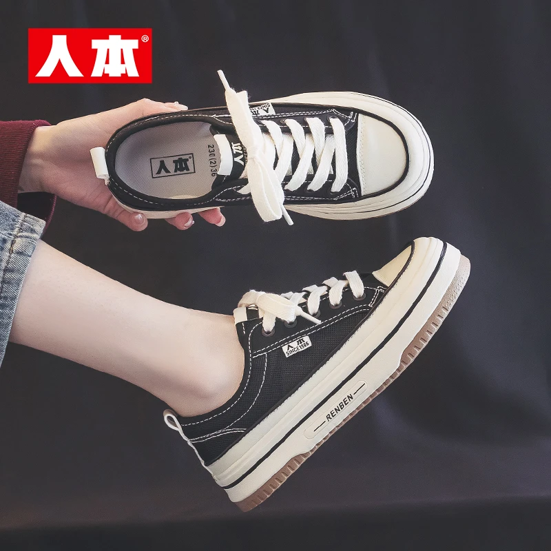 人本网面透气板鞋女厚底低帮帆布鞋2025新款夏季镂空薄款百搭女鞋