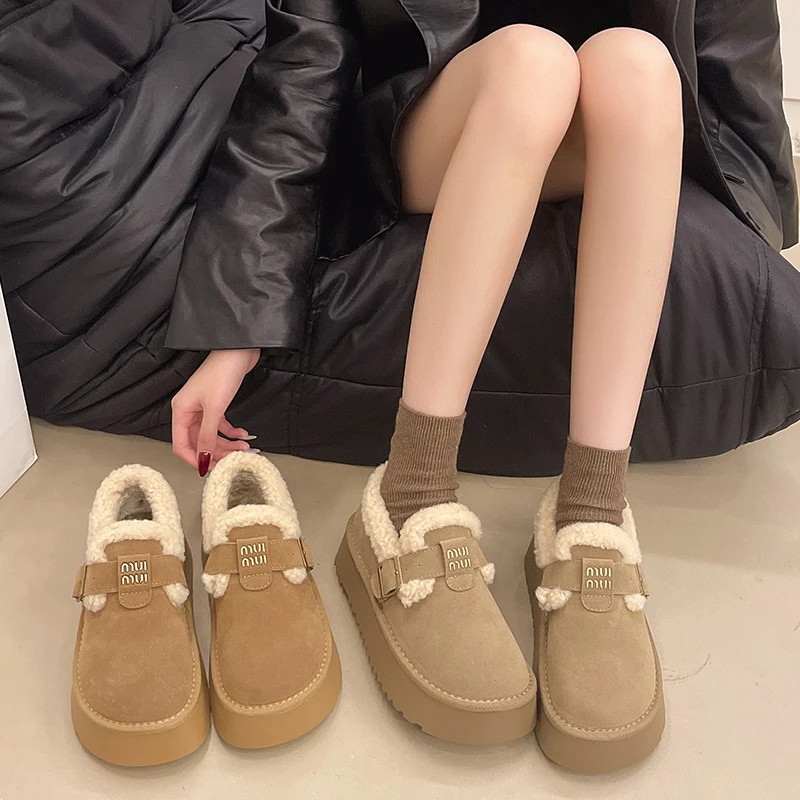 厚底雪地靴女款冬季2024新款加绒加皮毛一体保暖短筒勃肯毛毛鞋子