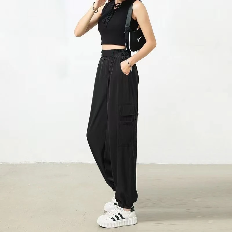 速干工装裤女夏季束脚运动裤2024年新款休闲长裤高腰哈伦复古裤子