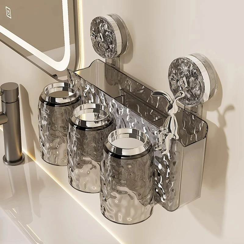 吸盘冰川纹牙刷置物架壁挂式免打孔卫生间轻奢牙刷架高端牙杯架子
