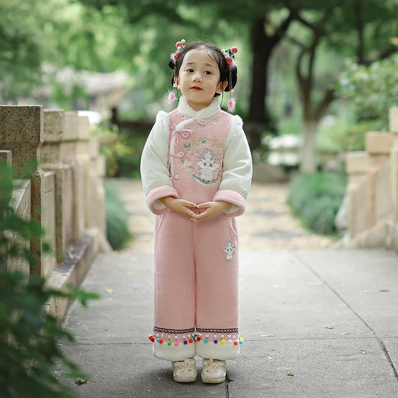 女童年服秋冬款儿童加绒加厚拜年服女孩中国风套装刺绣红色两件套