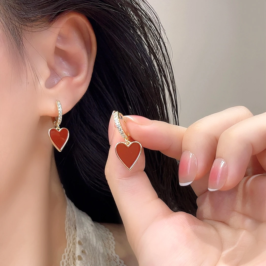 红色爱心耳环轻奢时尚百搭复古法式精致小巧-745