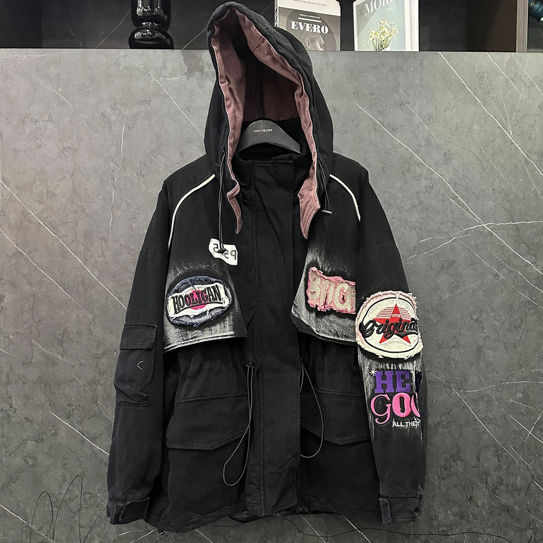 2024秋冬新款重工雪山服刺绣加厚加绒开衫连帽宽松时尚设计感外套