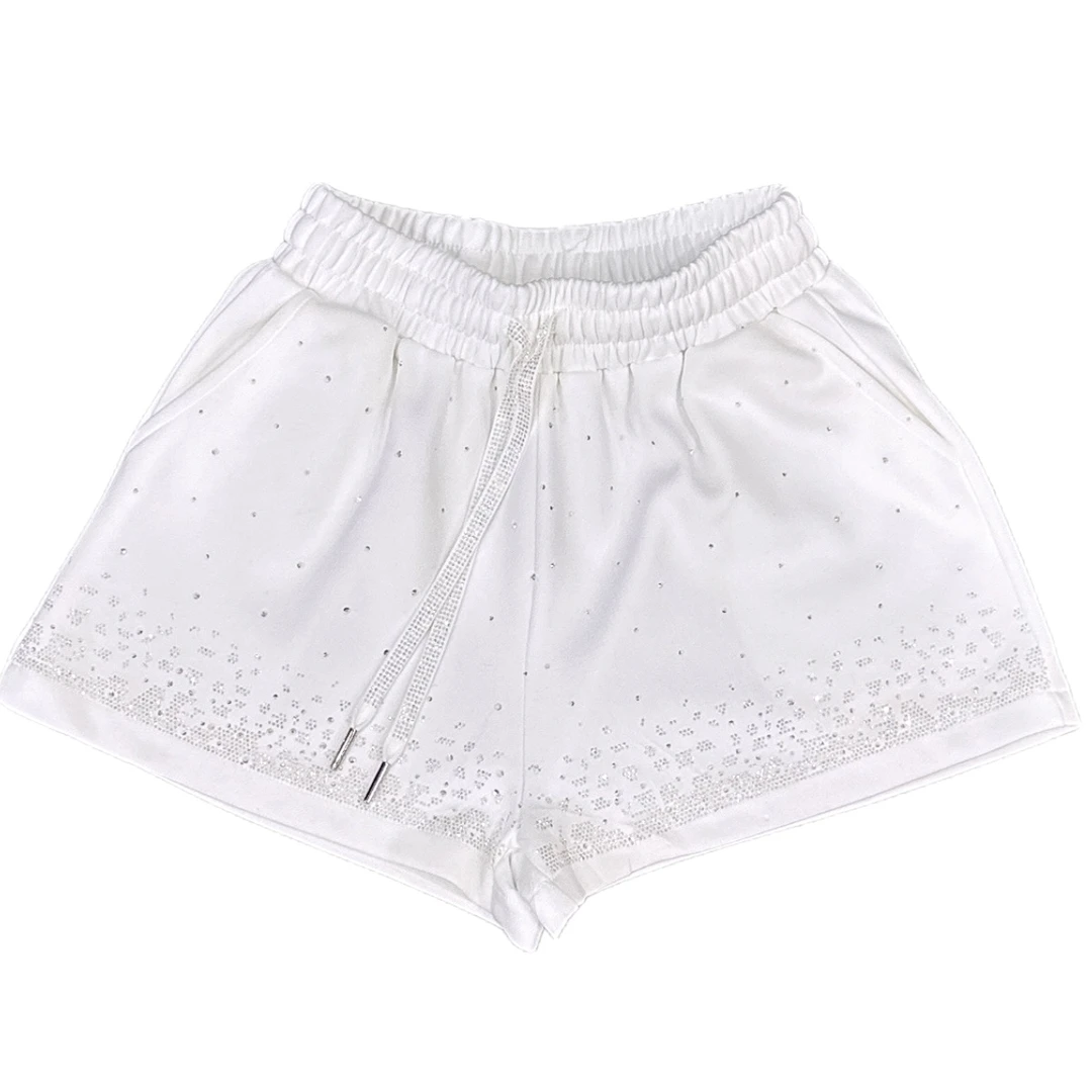 春夏新款阔腿休闲宽松百搭显瘦高腰外穿松紧腰女装烫钻短裤