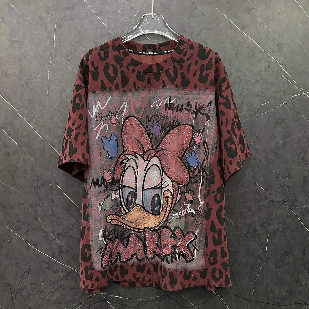豹纹黛西印花刺绣亮片短袖T恤女宽松时尚圣诞新年限定款上衣