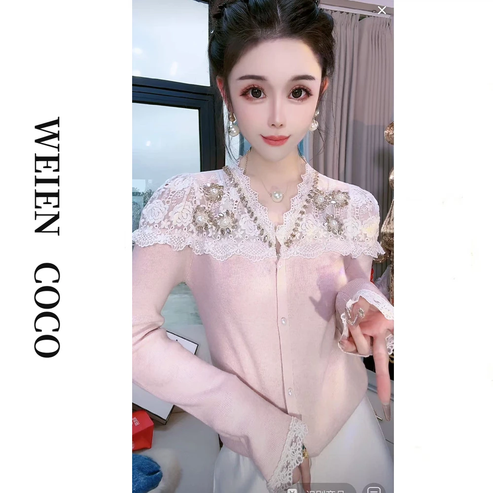 【柚见女装】蕾丝时尚百搭针织秋冬新款简约长袖开衫上衣S2684