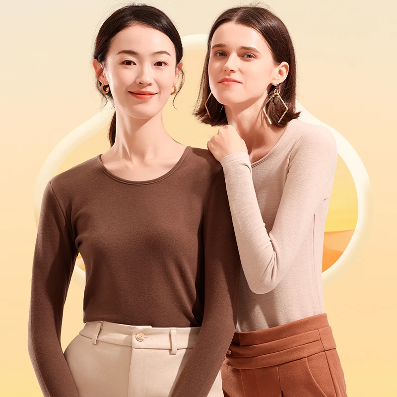 简云德绒发热无痕保暖内衣女秋衣内穿长袖上衣加绒蚕丝打底衫冬季