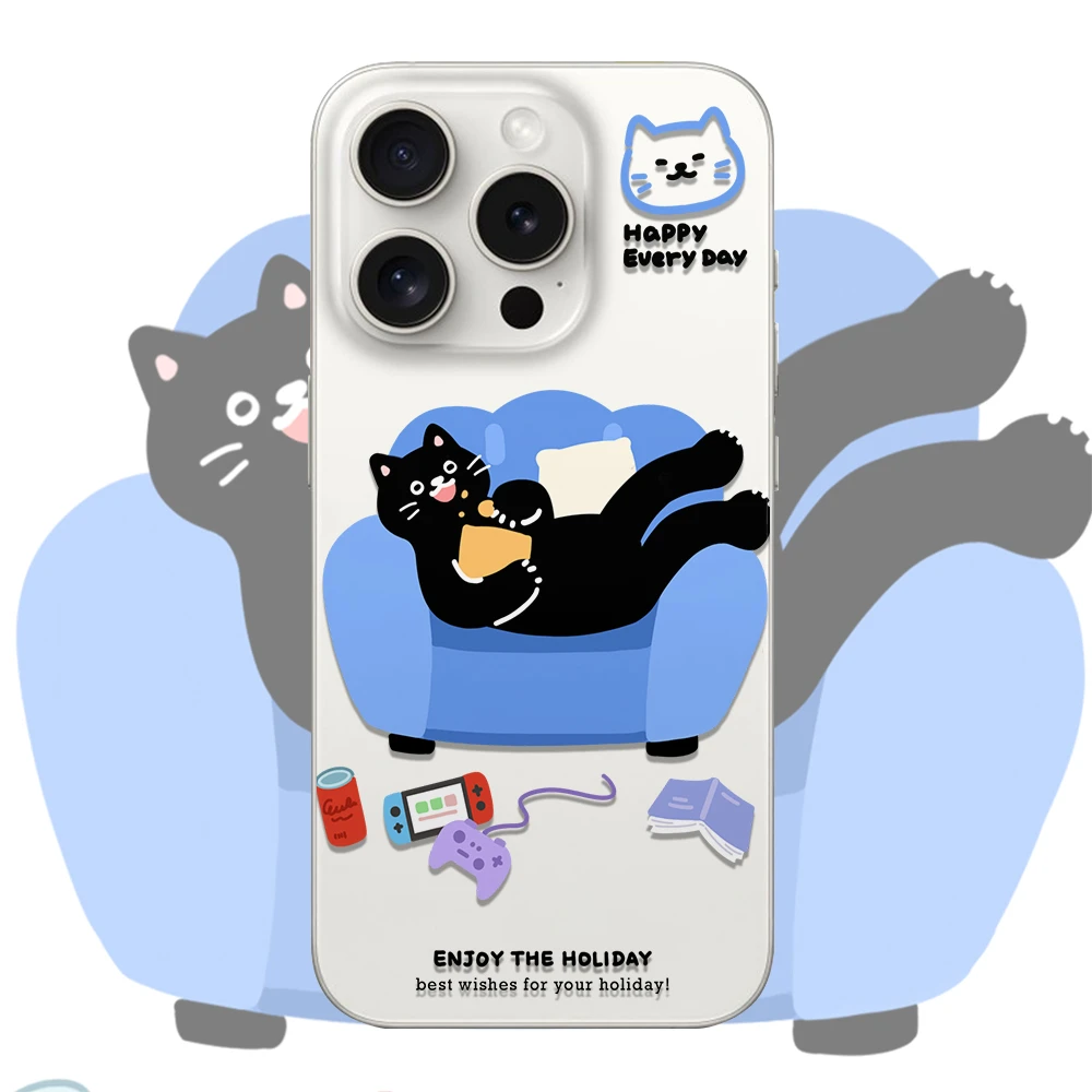 躺平黑猫适用苹果16/15小众手机壳华为P70荣耀vivo小米15透明软壳