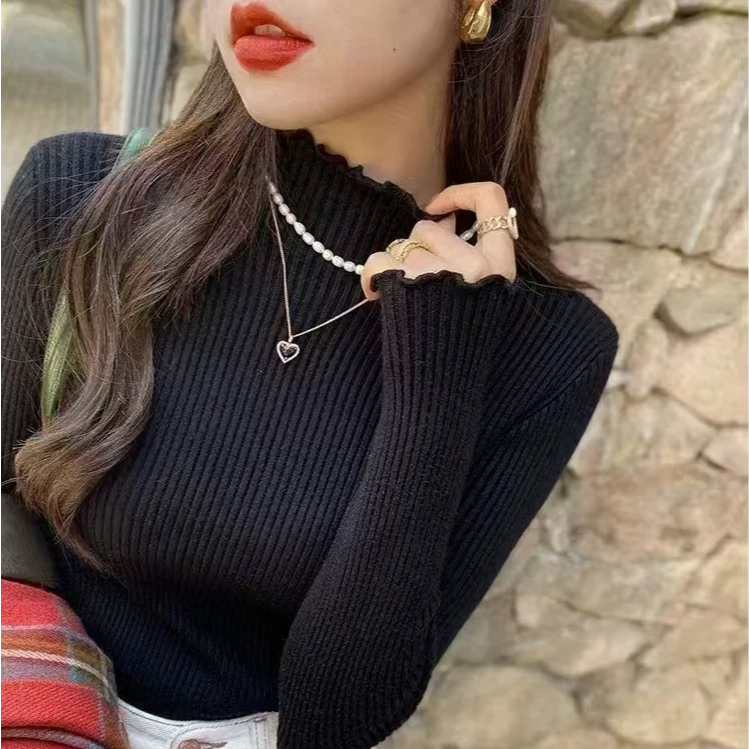 50CX16木耳边打底衫秋冬内搭修身毛衣2024年新款洋气春秋针织长袖