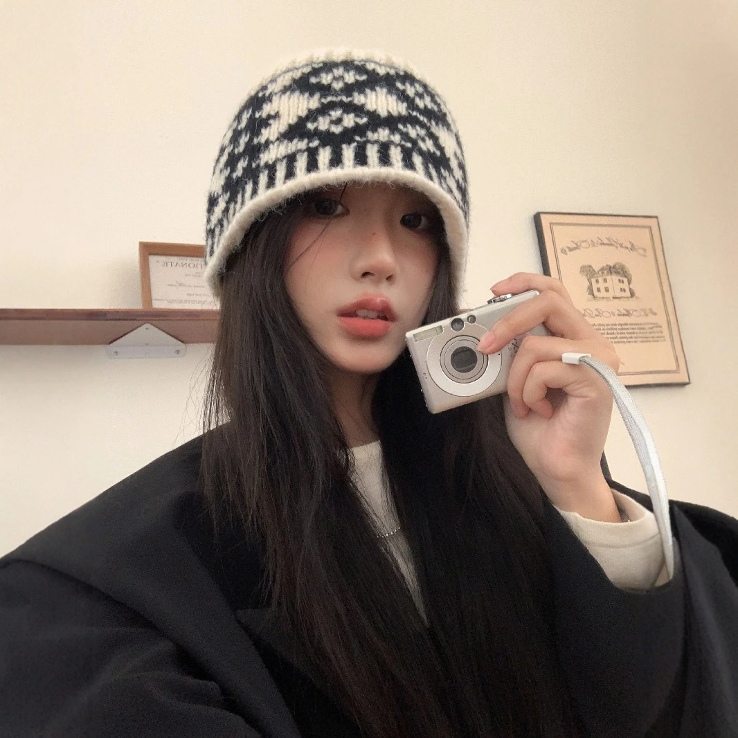 复古菱格针织毛线帽女冬季韩版大头围显脸小冷帽保暖防寒包头帽子