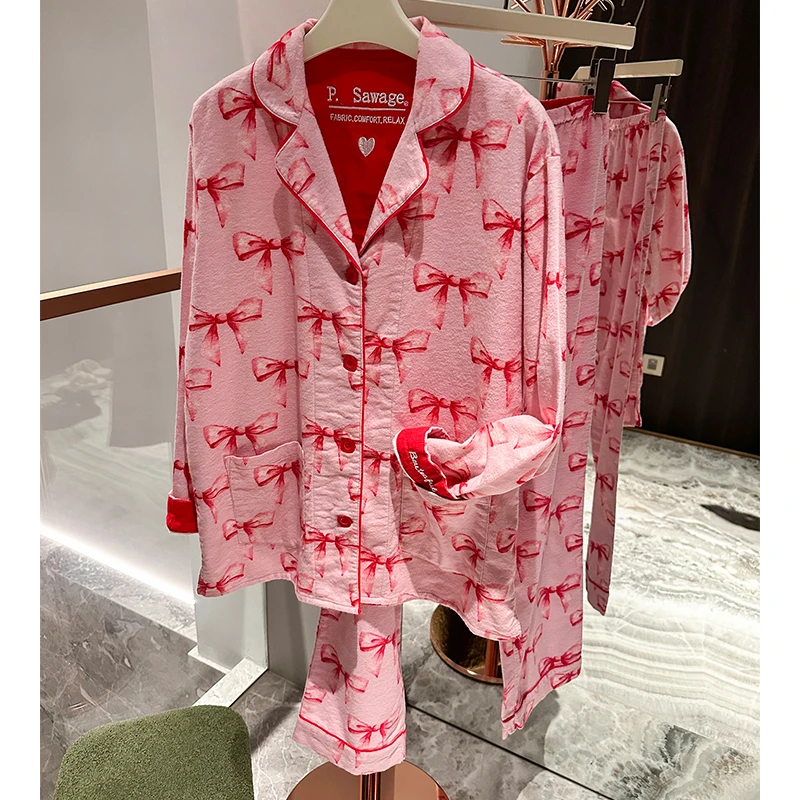 米诗缇【磨毛棉红色蝴蝶结】小众潮牌设计时尚可外穿保暖睡衣家居服