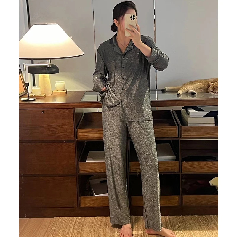 米诗缇【走秀星光睡衣银光灰】小众设计师可外穿长袖长裤睡衣家居服