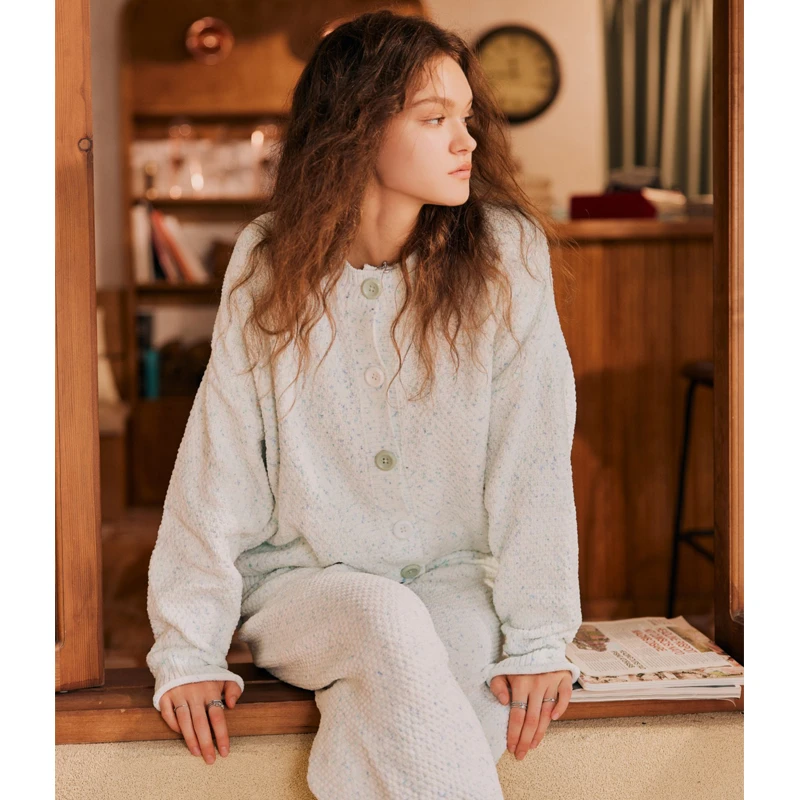 米诗缇【撞色纽扣绿色开衫】小众设计可外穿潮牌长袖长裤睡衣家居服