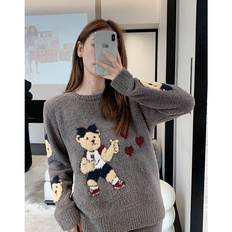 米诗缇【爱尼熊圆领灰色】小众设计师可外穿时尚潮牌长袖长裤家居服