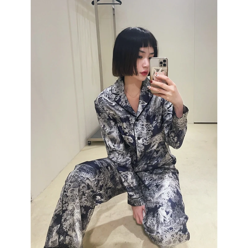 米诗缇【蓝底百兽图】小众法式来去缝可外穿设计长袖长裤家居服套装
