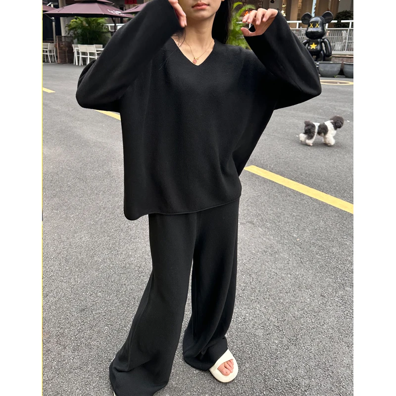 米诗缇【侘寂风V领黑色】 小众设计师可外穿时尚潮牌长袖长裤家居服