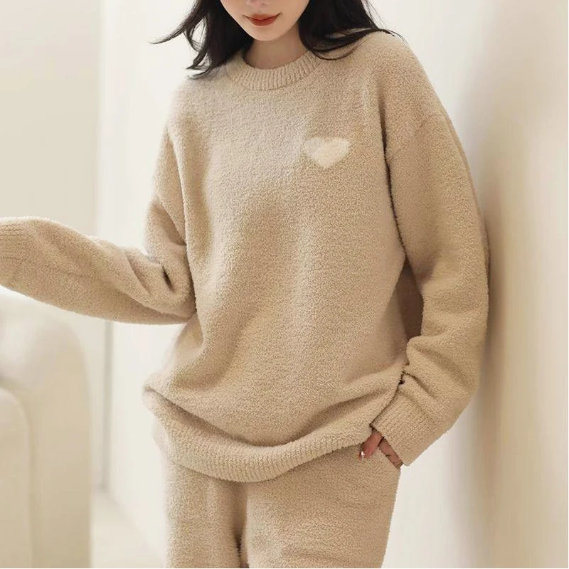 米诗缇【浅卡其爱心】小众潮牌时尚设计师可外穿长袖长裤家居服套装