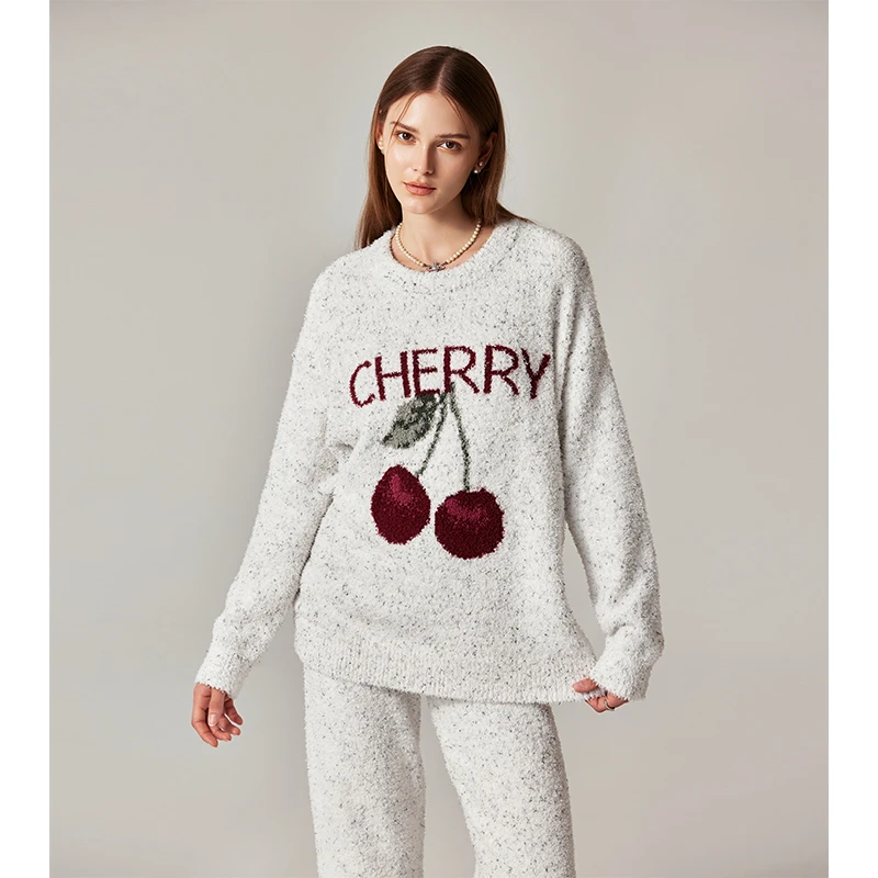 米诗缇【樱桃圆领灰白色】小众时尚设计师可外穿长袖长裤家居服套装