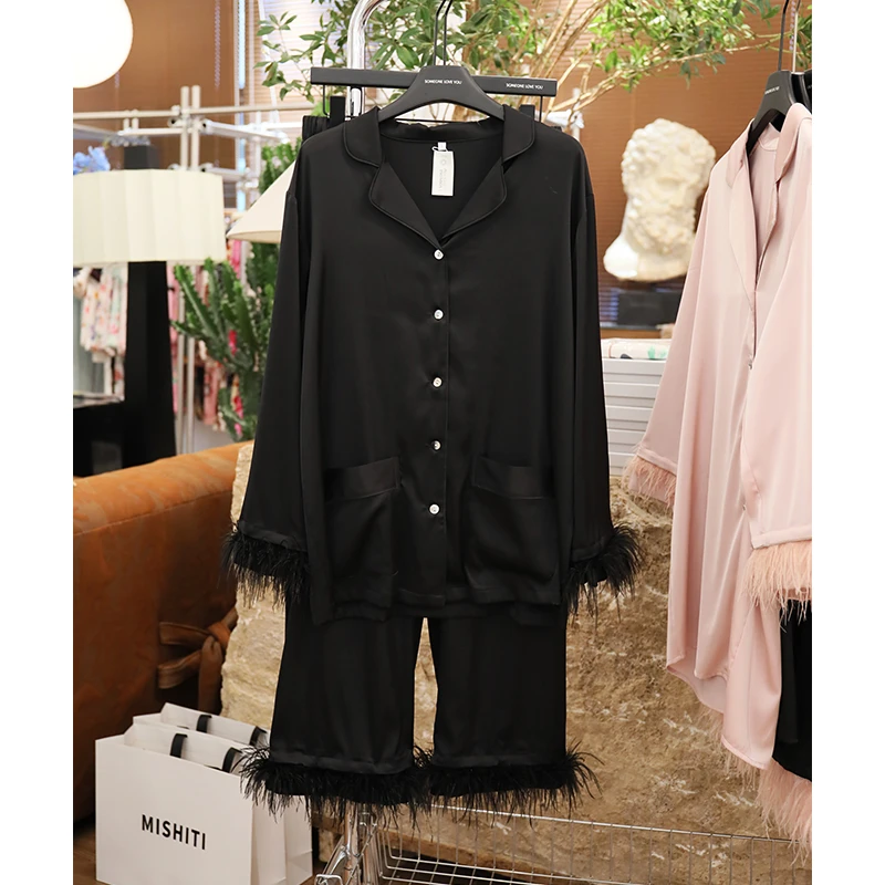 米诗缇【贝母扣黑色羽毛】艺术小众设计师长袖长裤可外穿潮牌女睡衣