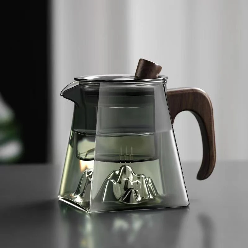观山四方玻璃泡茶壶耐高温煮茶壶侧木把玻璃花茶壶
