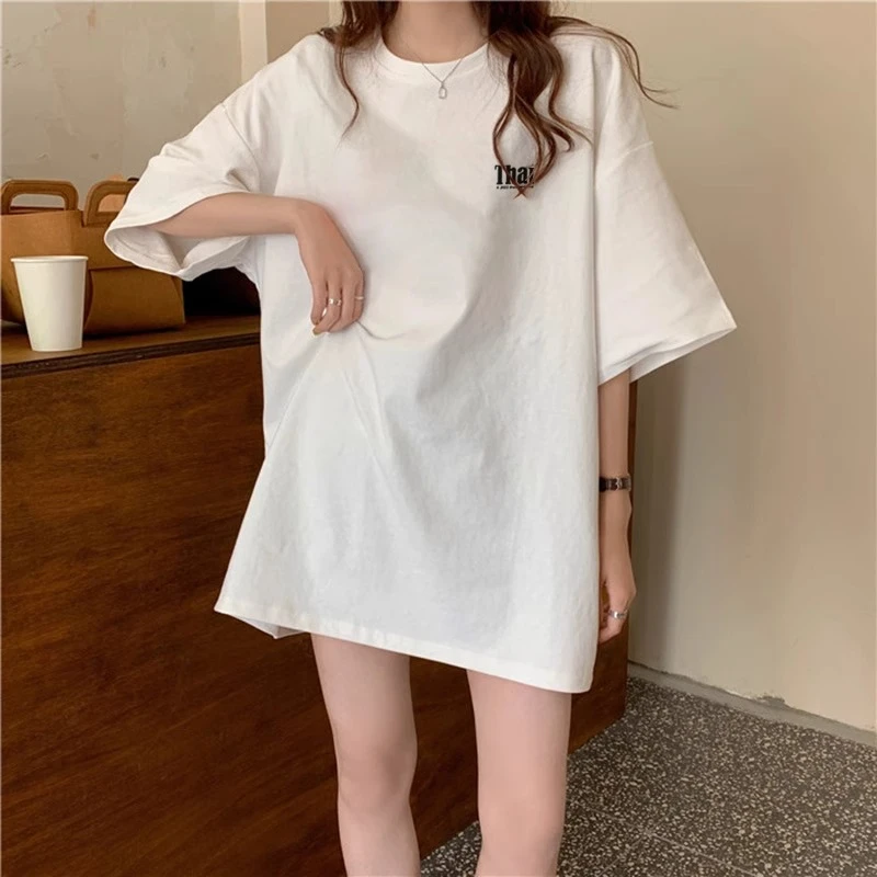 夏季简约小众设计中长款纯色宽松百搭短袖白色T恤女国潮半袖上衣