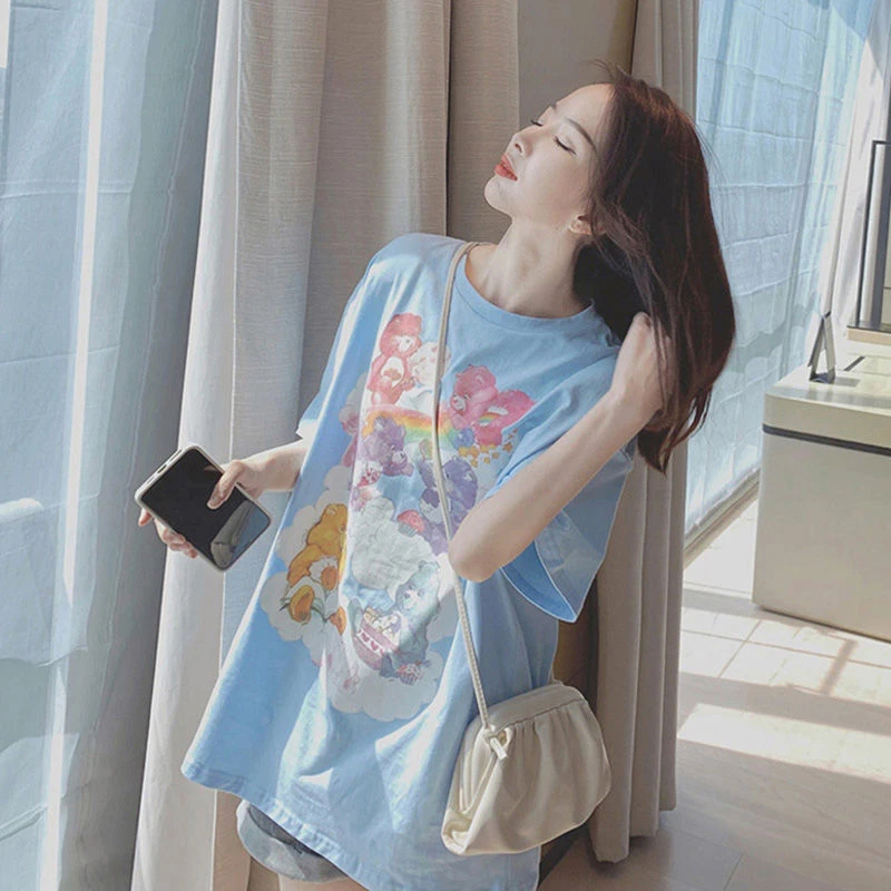 网红蓝色大码短袖纯棉韩版T恤女夏季新款宽松超仙印花中长款上衣