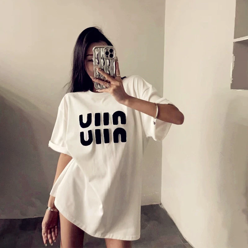 短袖白色T恤女夏季新款休闲体恤百搭字母印花中长款纯棉宽松上衣