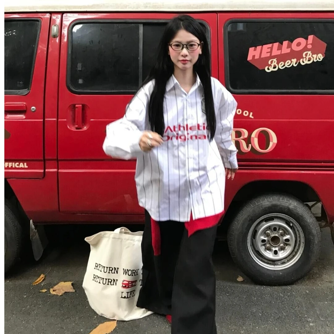 美式复古条纹衬衫女夏季撞色运动长袖衬衣宽松休闲情侣防晒上衣潮