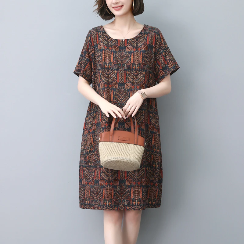 夏季韩版棉麻复古宽松大码圆领气质连衣裙中长款印花时尚女装裙子