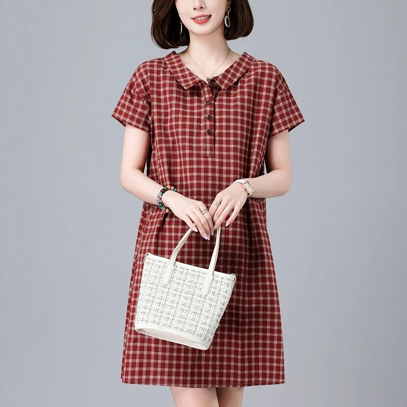 棉麻格子连衣裙2024夏季新款韩版洋气妈妈气质宽松大码休闲裙子