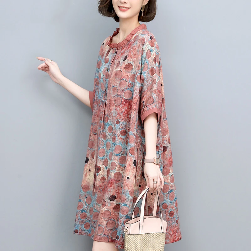 棉麻印花连衣裙夏季新款韩版时尚妈妈大码宽松裙子洋气短袖A字裙