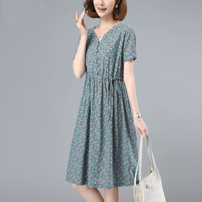 棉麻连衣裙女夏季新款韩版中长款碎花裙子大码宽松气质显瘦a字裙