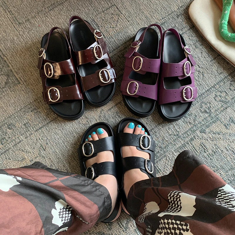 迷失麋鹿【包豪斯鞋】真皮复古勃肯凉鞋女夏季双字扣休闲时尚凉鞋