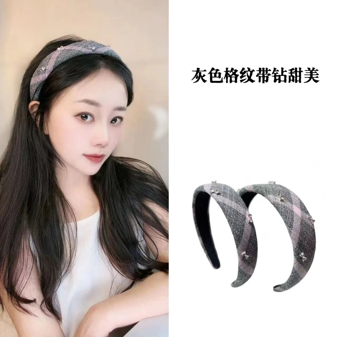 灰色格纹带钻韩版甜美发箍