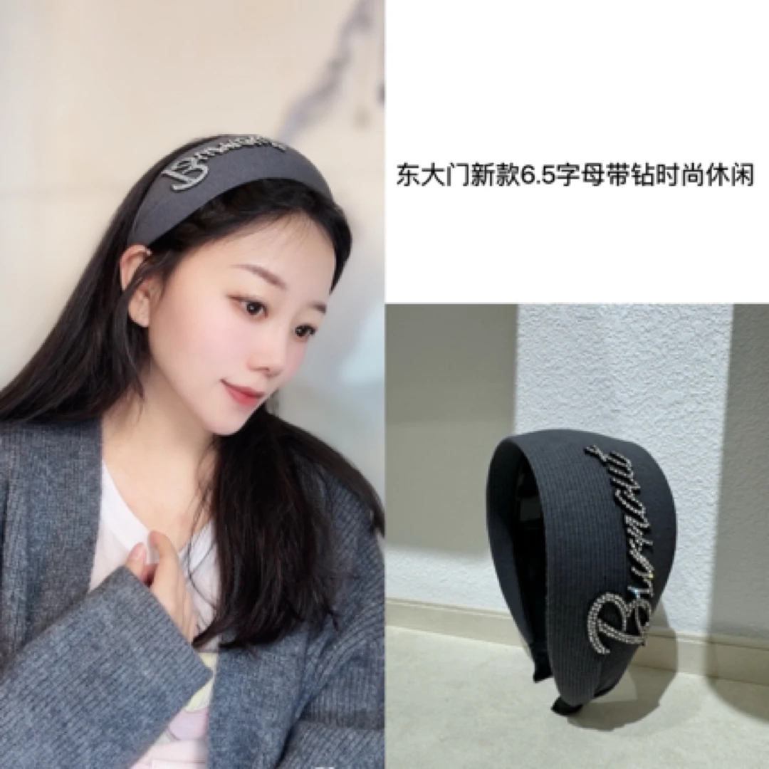 东大门6.5cm字母带钻高级灰宽边时尚压发头箍