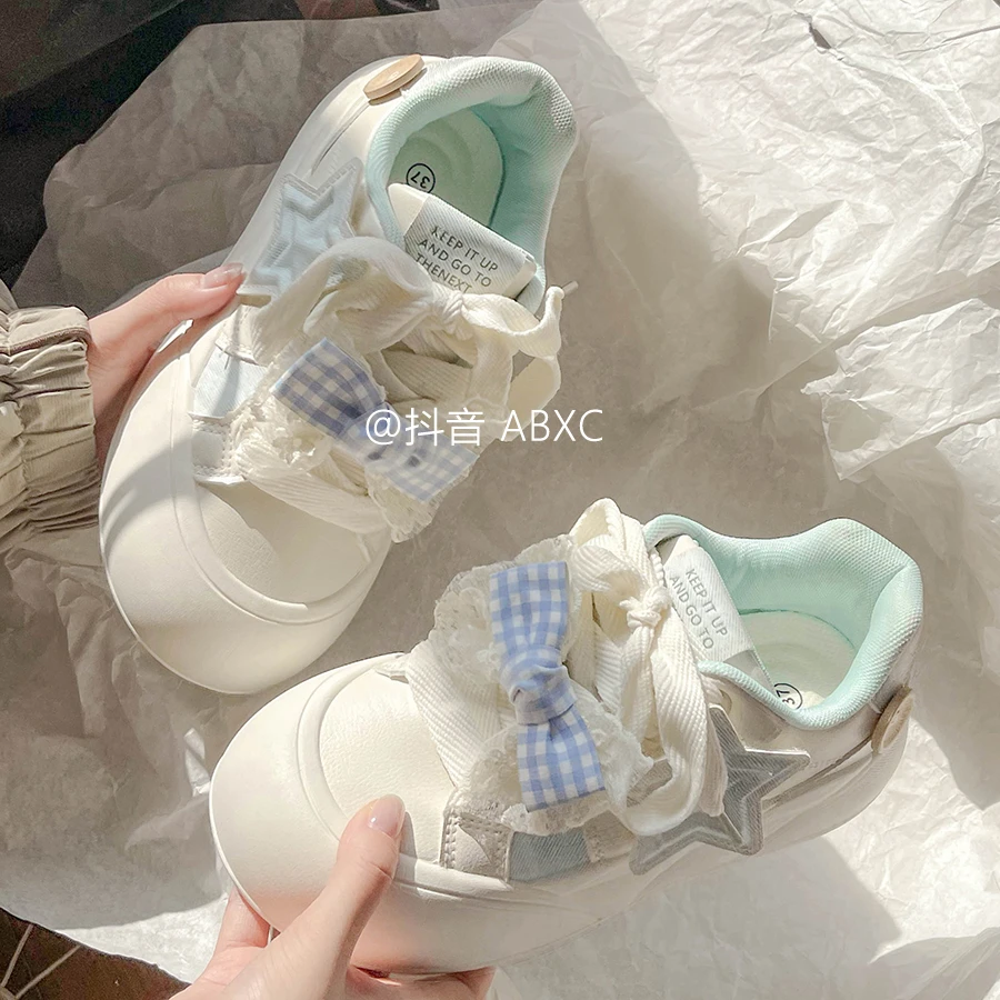 2025新款星星蝴蝶结韩版厚底板鞋女款春秋chic百搭面包小白鞋女鞋