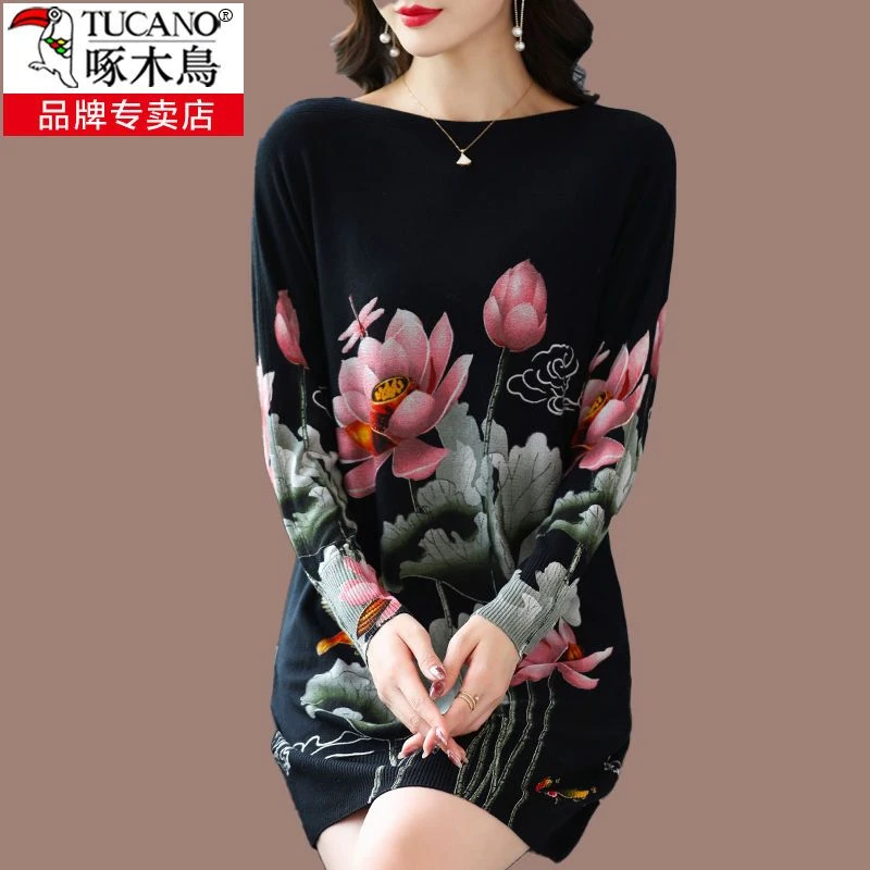 啄木鸟正品羊绒衫女印花毛衣中长款连衣裙宽松遮肚妈妈针织羊毛衫