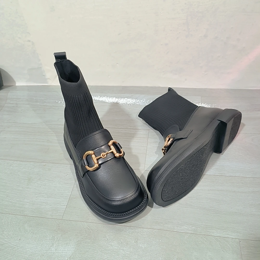 瘦瘦靴女英伦风百搭弹力马丁平底小皮鞋813-1针织弹力袜时尚短靴