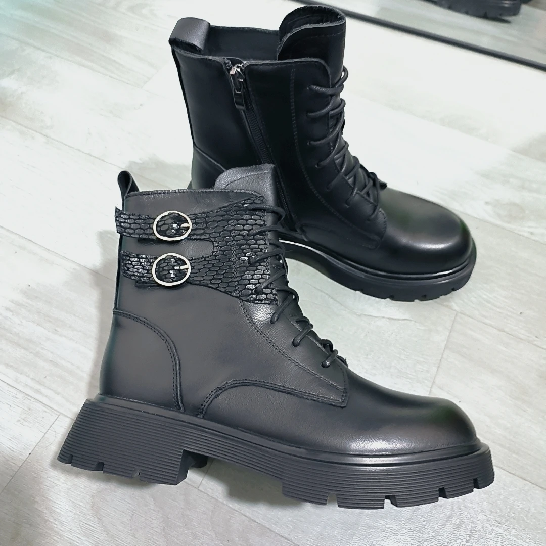 头层牛皮小圆头时尚百搭英伦风马丁靴982女靴女鞋拉链靴子四季款