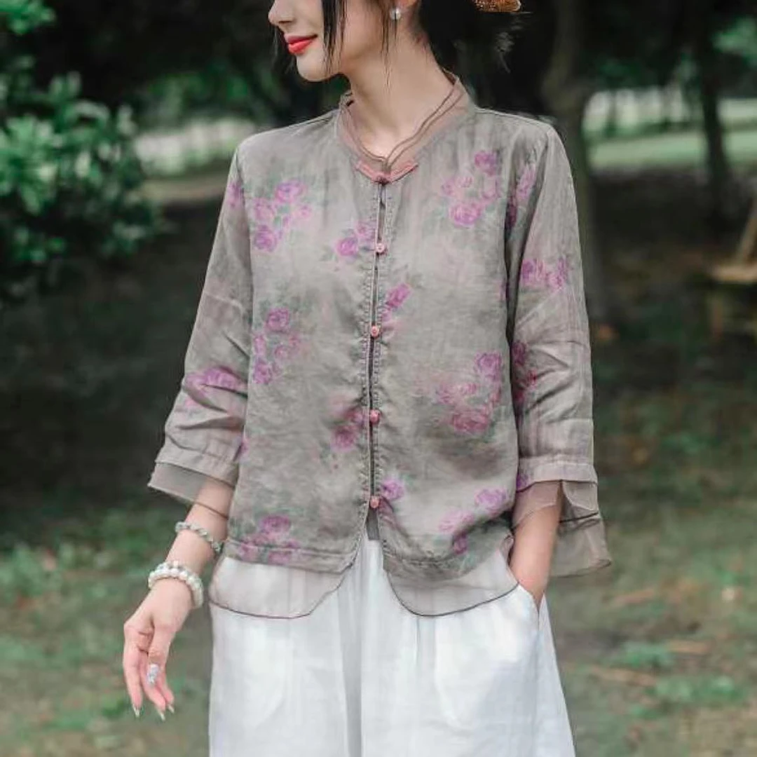 ljj2024夏季苎麻印花衬衫女宽松欧根纱拼接七分袖小衫（8686）