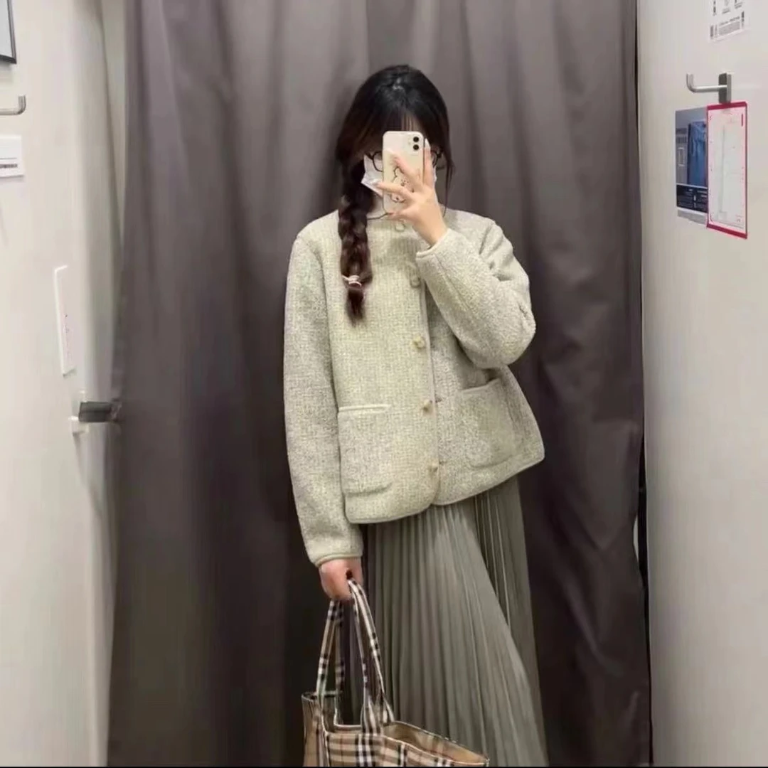 【ZNN】U+!秋冬新款女装仿羊羔绒摇粒绒圆领小香风长袖开衫外套