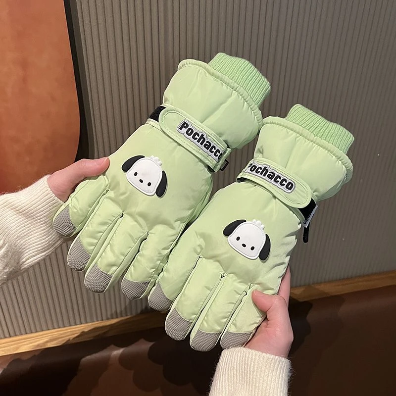 冬季女士可爱绿色帕恰狗加绒加厚滑雪手套户外骑车电动车防风寒